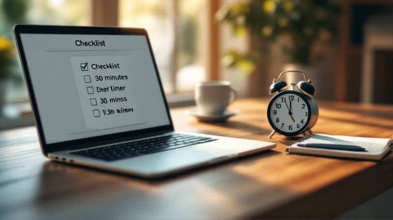 Geöffneter Laptop mit einer Checkliste, daneben ein Timer auf 30 Minuten und ein Notizblock