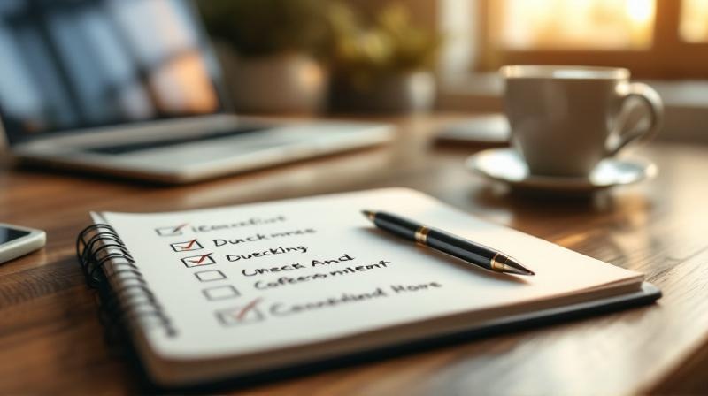 Notizbuch mit Checkliste und Stift neben Laptop, warmes Tageslicht auf Holzschreibtisch