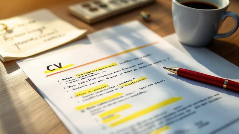 Geöffneter Bewerbungsordner mit angestrichenen Textstellen, Notizbuch und Stift auf einem Schreibtisch bei Morgenlicht