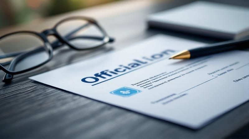 Formular mit einem Stempel und einer Unterschrift auf einem Schreibtisch, Brille daneben