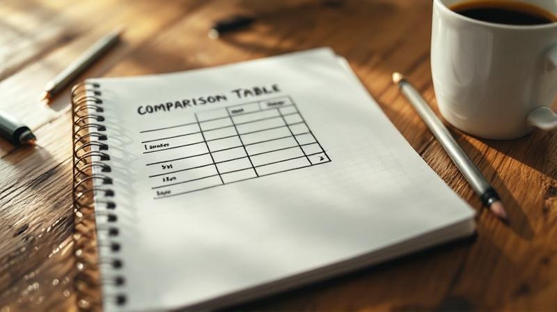 Notizblock mit handschriftlicher Vergleichstabelle und Bleistift auf einem Holzschreibtisch neben einer Kaffeetasse