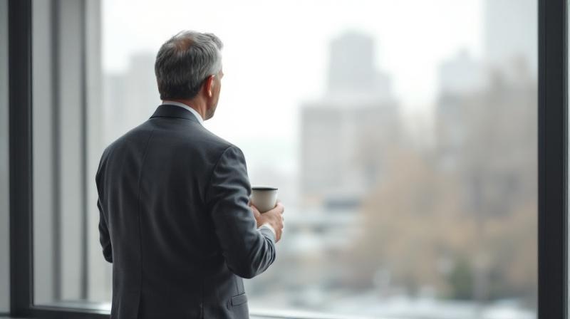 Person steht am Fenster eines Büros, blickt nachdenklich nach draußen, Kaffeetasse in der Hand