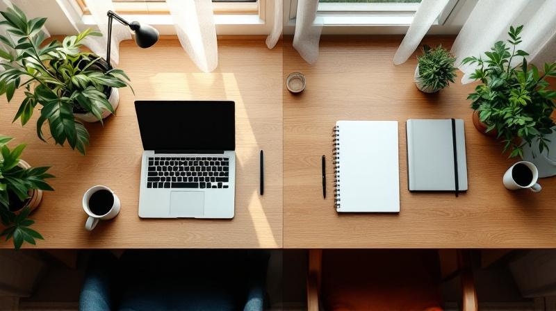Zwei nebeneinanderliegende Schreibtische mit Laptop, Notizbuch und Kaffeetasse im warmen Tageslicht eines Homeoffice