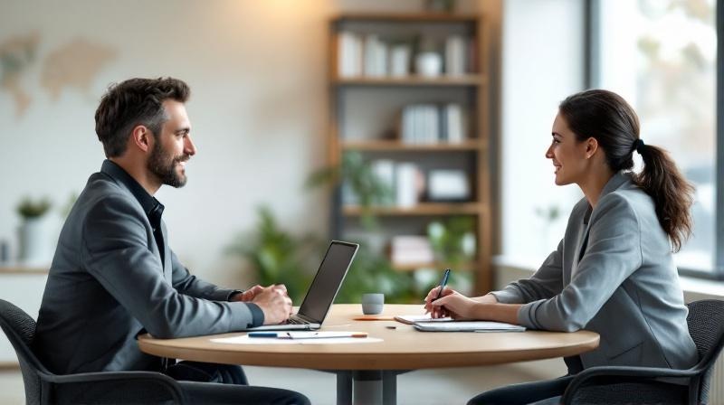 Zwei Personen an einem Besprechungstisch mit Kaffeetassen und Unterlagen, Sonnenlicht fällt durchs Fenster