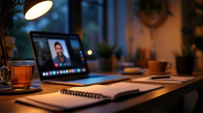 Beleuchteter Schreibtisch am Abend mit Laptop und Notizen