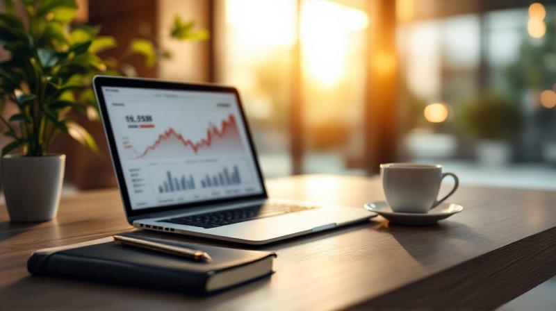 Schreibtisch in einem modernen Bankbüro mit Laptop, Notizbuch, Pflanze und warmem Fensterlicht