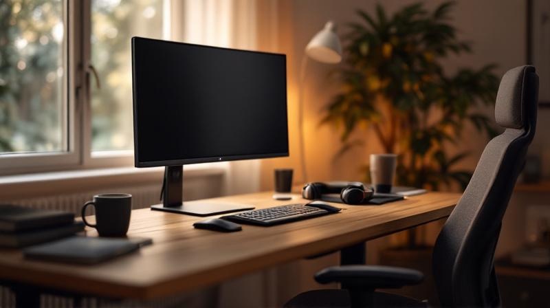 Home-Office-Arbeitsplatz mit ergonomischem Stuhl und großem Monitor
