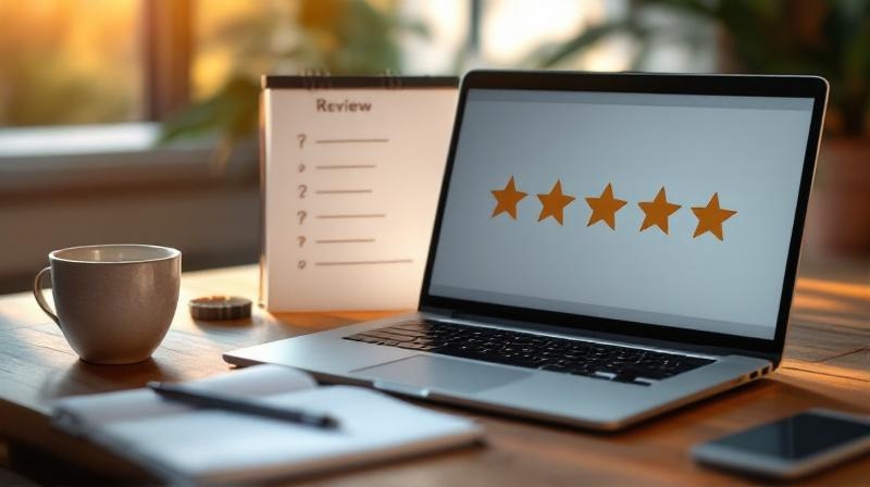 Bildschirm mit einer Bewertungsseite, daneben eine Tasse Tee und ein Notizblock mit Fragezeichen