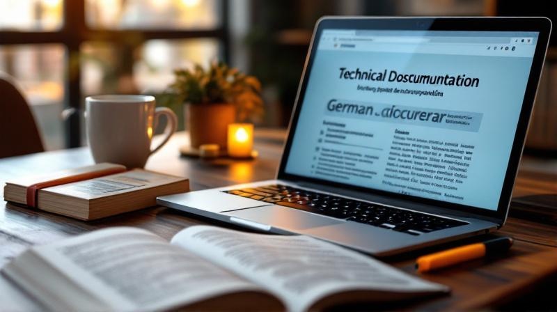 Laptop mit englischsprachiger KI-Dokumentation und aufgeschlagenem Wörterbuch