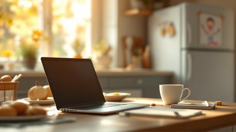 Küchentisch mit Laptop, Kaffee und Kinderzeichnung am Kühlschrank