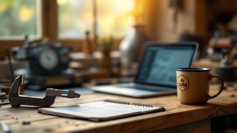 Werkstatt-Schreibtisch mit Laptop, Schieblehre und aufgeschlagenem Ordner