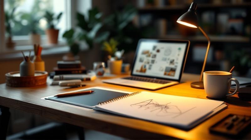 Kreativer Arbeitsplatz mit Zeichentablett, Laptop und Skizzenbuch im warmen Licht