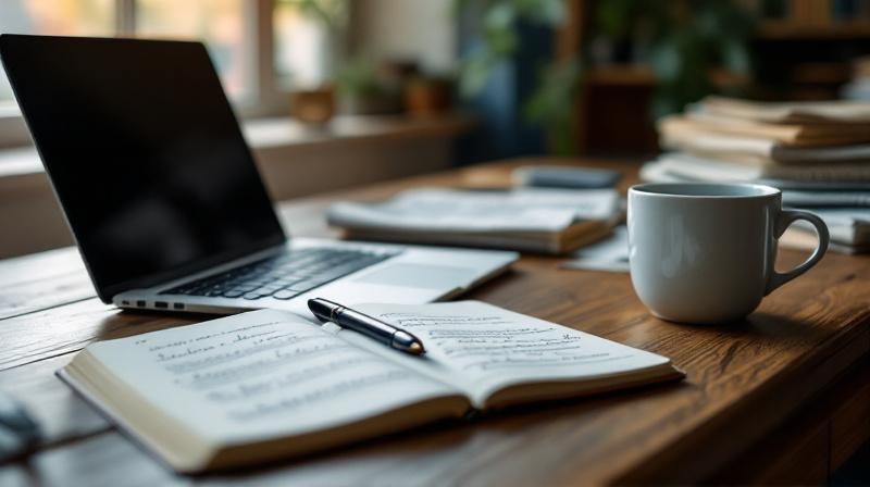 Arbeitsplatz mit Laptop, aufgeschlagenem Notizbuch, Stift und Kaffee an einem Fenster im Morgenlicht