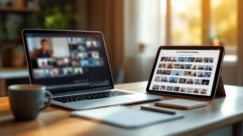 Laptop mit Video-Grid eines Live-Kurses neben Bildschirm mit Selbstlern-Lektionen