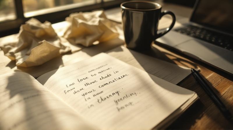 Notizbuch mit halbfertigen Einträgen und einem leeren Kaffeebecher