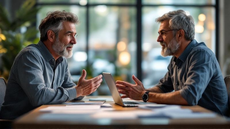 Zwei Menschen im Gespräch über einen Schreibtisch, Laptop offen, Unterlagen