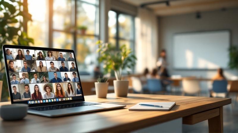 Split-Ansicht Home-Office mit Laptop und Klassenraum mit Whiteboard