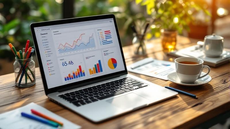 Laptop mit einem offenen Dashboard-Projekt und Notizen in der Hand