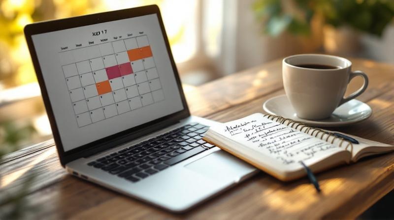 Laptop mit Kalender und einer markierten Probewoche, daneben ein Notizblock mit Stichpunkten