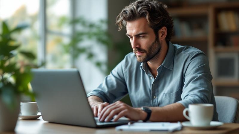 Mann mittleren Alters am Laptop, konzentriert lernend, neben sich eine Kaffeetasse