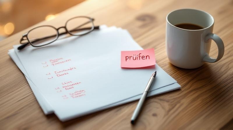 Stapel Papiere mit roten Markierungen auf einem Schreibtisch, daneben eine Tasse Kaffee