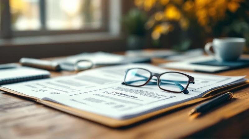 Aufgeklappter Ordner mit Unterlagen, Brille und Lupe auf einem Holzschreibtisch