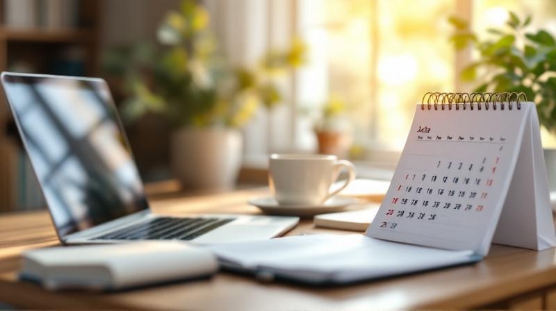 Aufgeräumter Schreibtisch mit Laptop, Notizbuch, Kaffee und Kalenderblatt im frühen Tageslicht