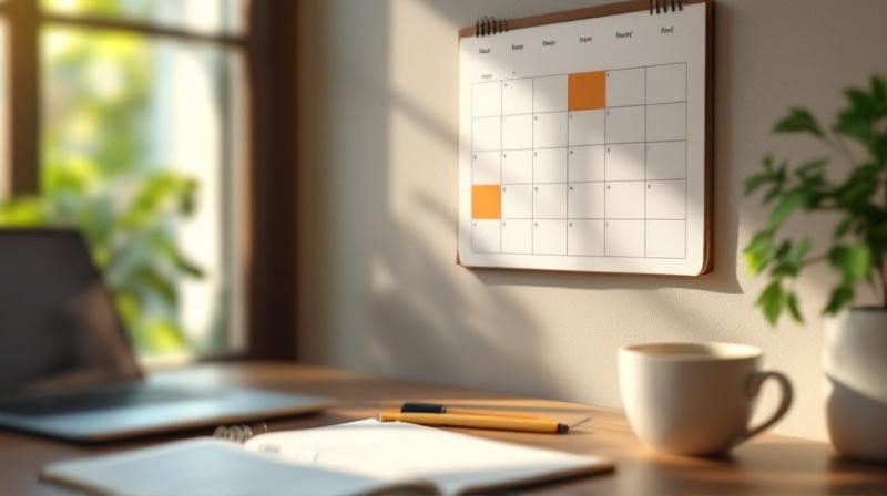 Kalender mit einem 4-Monats-Block markiert, Notizbuch und Kaffeetasse