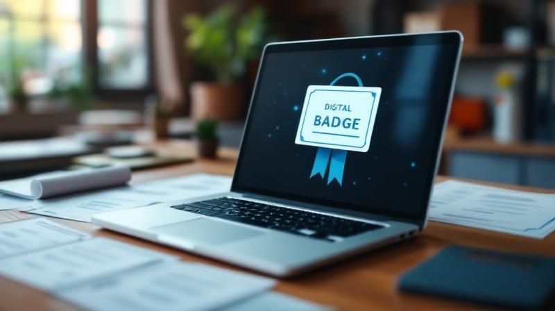 Laptop-Bildschirm zeigt ein digitales Abzeichen neben physischen Zertifikaten auf dem Tisch