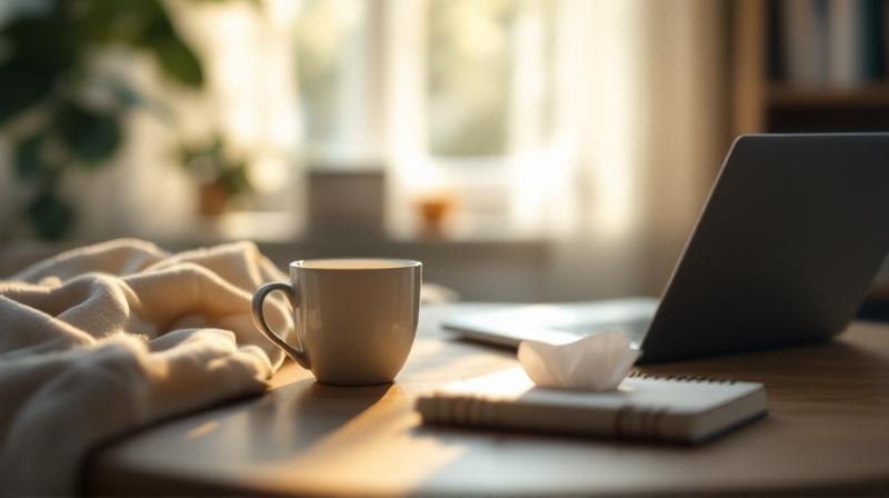 Tasse Tee, Taschentücher, Laptop zugeklappt und Notizbuch auf einem Wohnzimmertisch