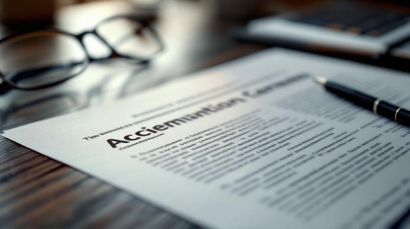 Vertragsdokument mit Stift und Brille auf einem Holzschreibtisch, gedämpftes Tageslicht