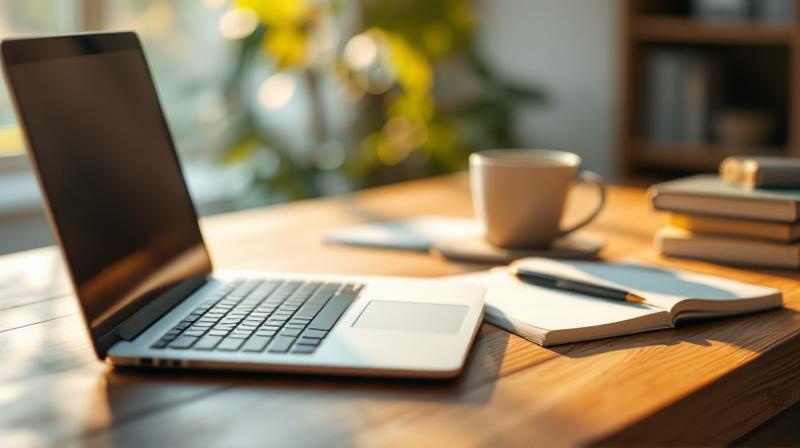 Schreibtisch mit Laptop, Notizbuch und Kaffeetasse, Sonnenlicht fällt von links auf einen offenen Kalender