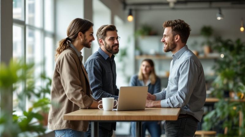 Gruppe von drei Personen an einem Stehtisch mit Kaffeetassen, lockeres Gespräch in einem hellen Co-Working-Space