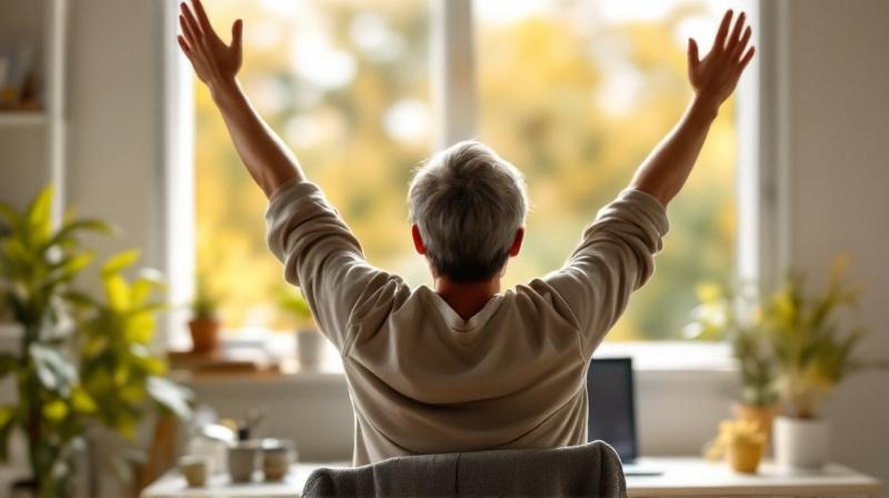 Person steht im Homeoffice auf, streckt sich, Laptop halb geschlossen im Hintergrund, Tageslicht durchs Fenster