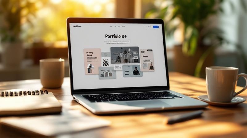 Laptop mit offenem Notion-Dokument, Notizbuch mit Projektskizzen, Kaffeetasse auf einem Holzschreibtisch bei warmem Morgenlicht