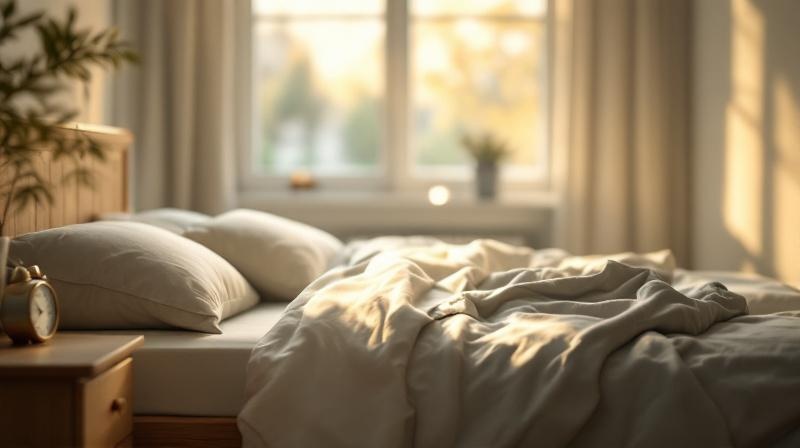 Schlafzimmer mit ordentlich gemachtem Bett, Weckuhr auf dem Nachttisch, weiches Morgenlicht