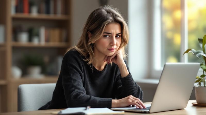 Person am Schreibtisch, gedankenverloren auf den Laptop schauend, warmes Seitenlicht