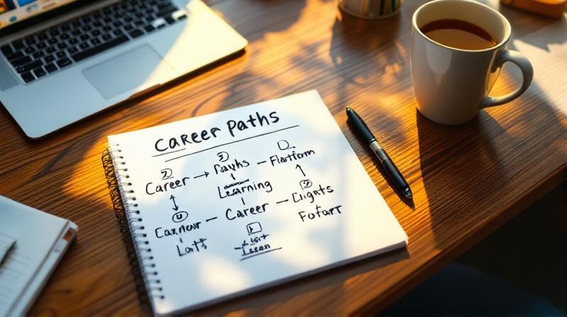 Handgezeichnete Karriere-Roadmap mit fünf Pfaden auf einem Notizblock neben einem Laptop und einer Tasse Tee