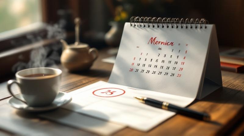 Offener Kalender auf einem Schreibtisch mit einem markierten Datum, daneben ein Stift und eine Tasse Tee