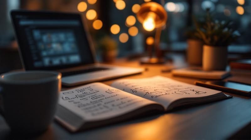 Arbeitsplatz mit Laptop, offenem Übungsbuch und handschriftlichen Notizen, warme Tischlampe im Hintergrund