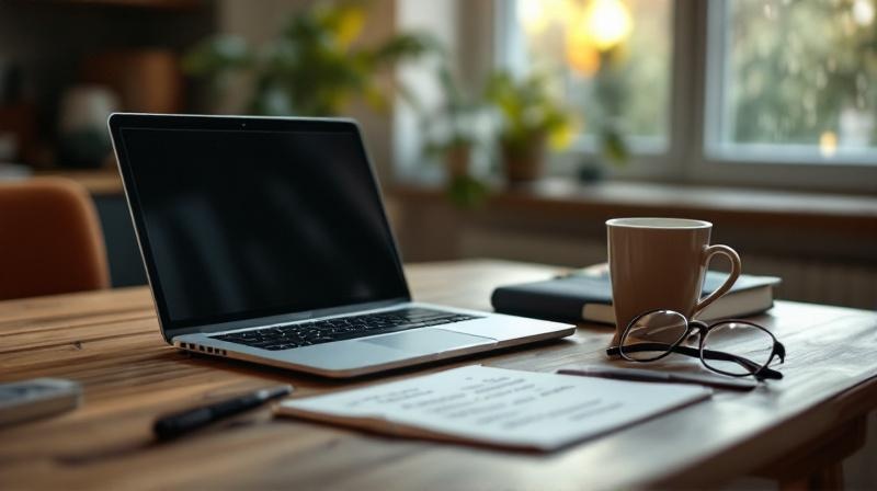 Offener Laptop auf einem Küchentisch mit halb gefülltem Notizbuch daneben, Morgenlicht von rechts