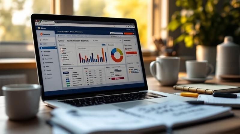 Laptop mit geöffneter Prüfungsseite, Notizbuch mit Lernzielen und Kaffeetasse im Homeoffice bei Seitenlicht