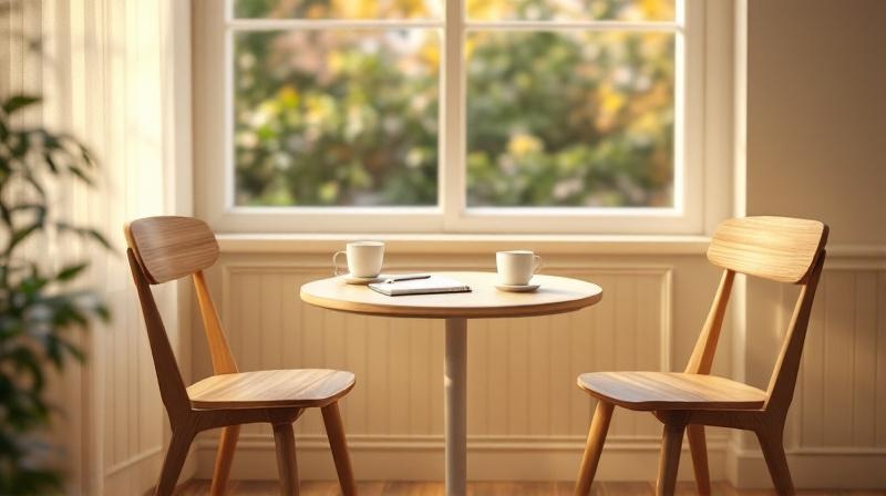 Zwei Stühle an einem kleinen Besprechungstisch mit Notizbuch und Kaffeetasse am Fenster
